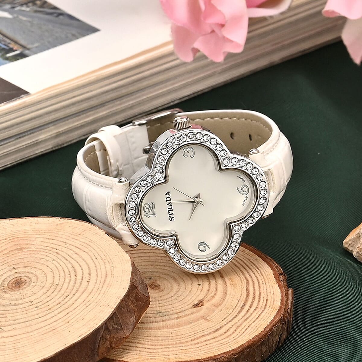 Strada Austrian Crystal Japanese Movement Four Clover Leaf Pattern Watch in Silvertone with White Faux Leather Strap (36.57mm) (6.5-8.5 Inches) image number 1