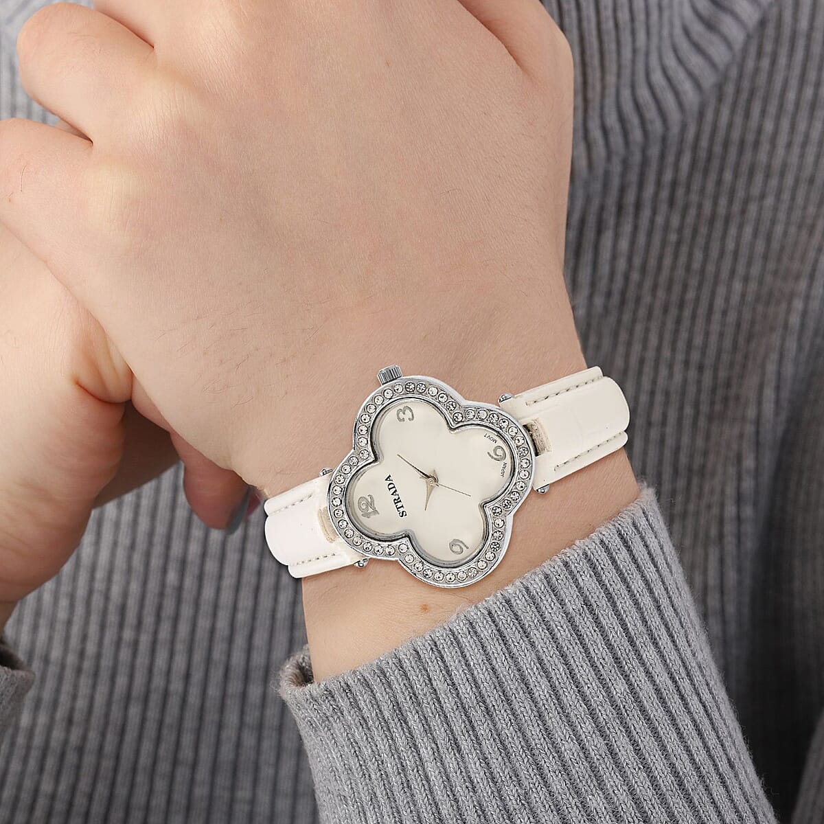 Strada Austrian Crystal Japanese Movement Four Clover Leaf Pattern Watch in Silvertone with White Faux Leather Strap (36.57mm) (6.5-8.5 Inches) image number 2