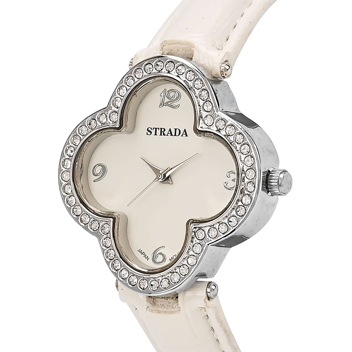 Strada Austrian Crystal Japanese Movement Four Clover Leaf Pattern Watch in Silvertone with White Faux Leather Strap (36.57mm) (6.5-8.5 Inches) image number 3