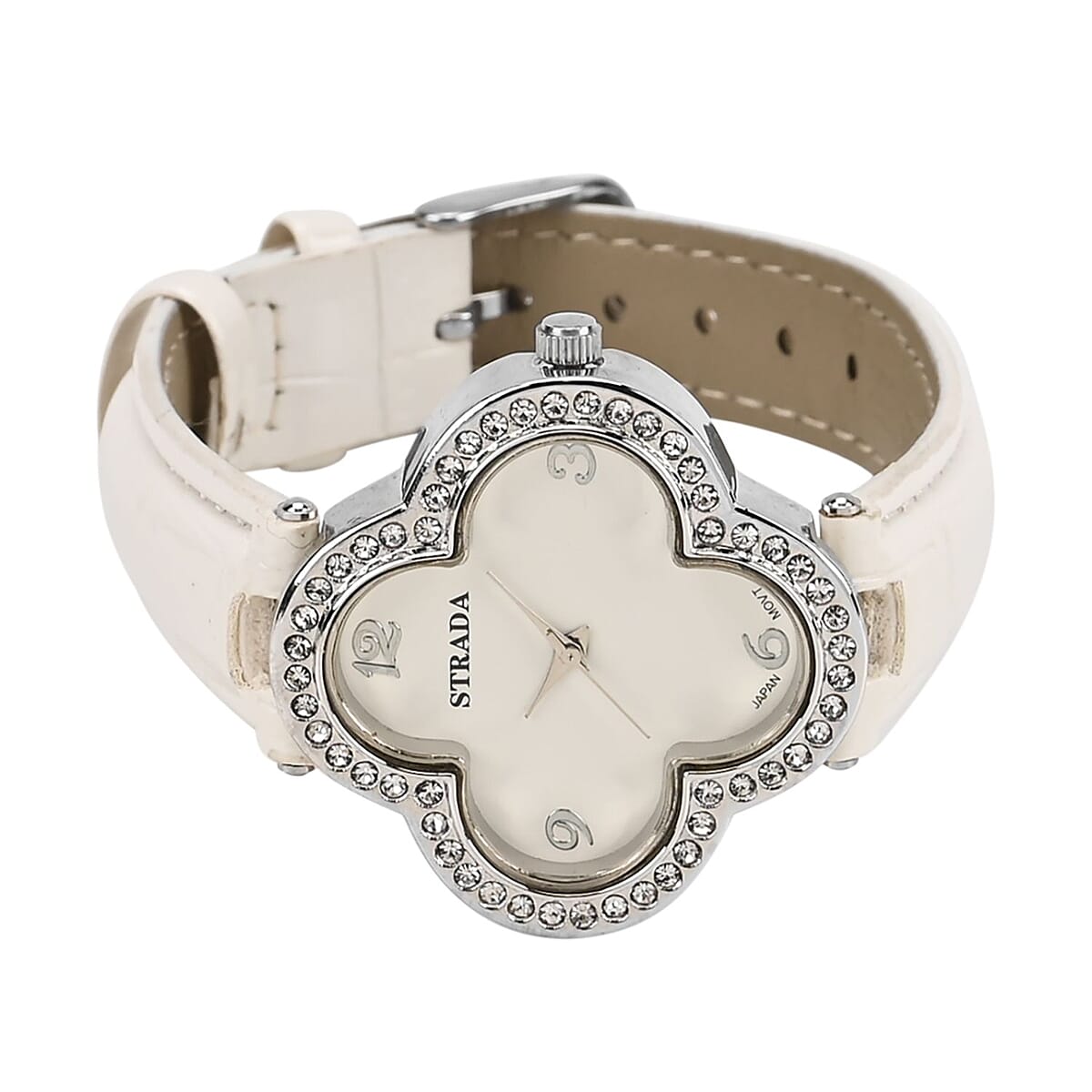 Strada Austrian Crystal Japanese Movement Four Clover Leaf Pattern Watch in Silvertone with White Faux Leather Strap (36.57mm) (6.5-8.5 Inches) image number 4