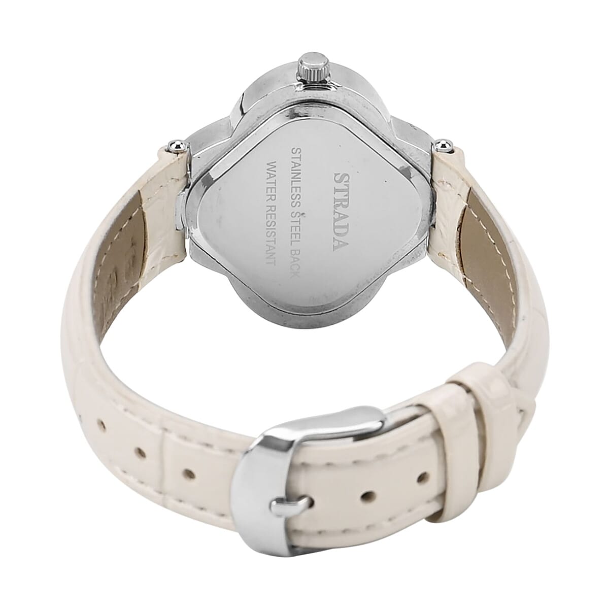 Strada Austrian Crystal Japanese Movement Four Clover Leaf Pattern Watch in Silvertone with White Faux Leather Strap (36.57mm) (6.5-8.5 Inches) image number 6