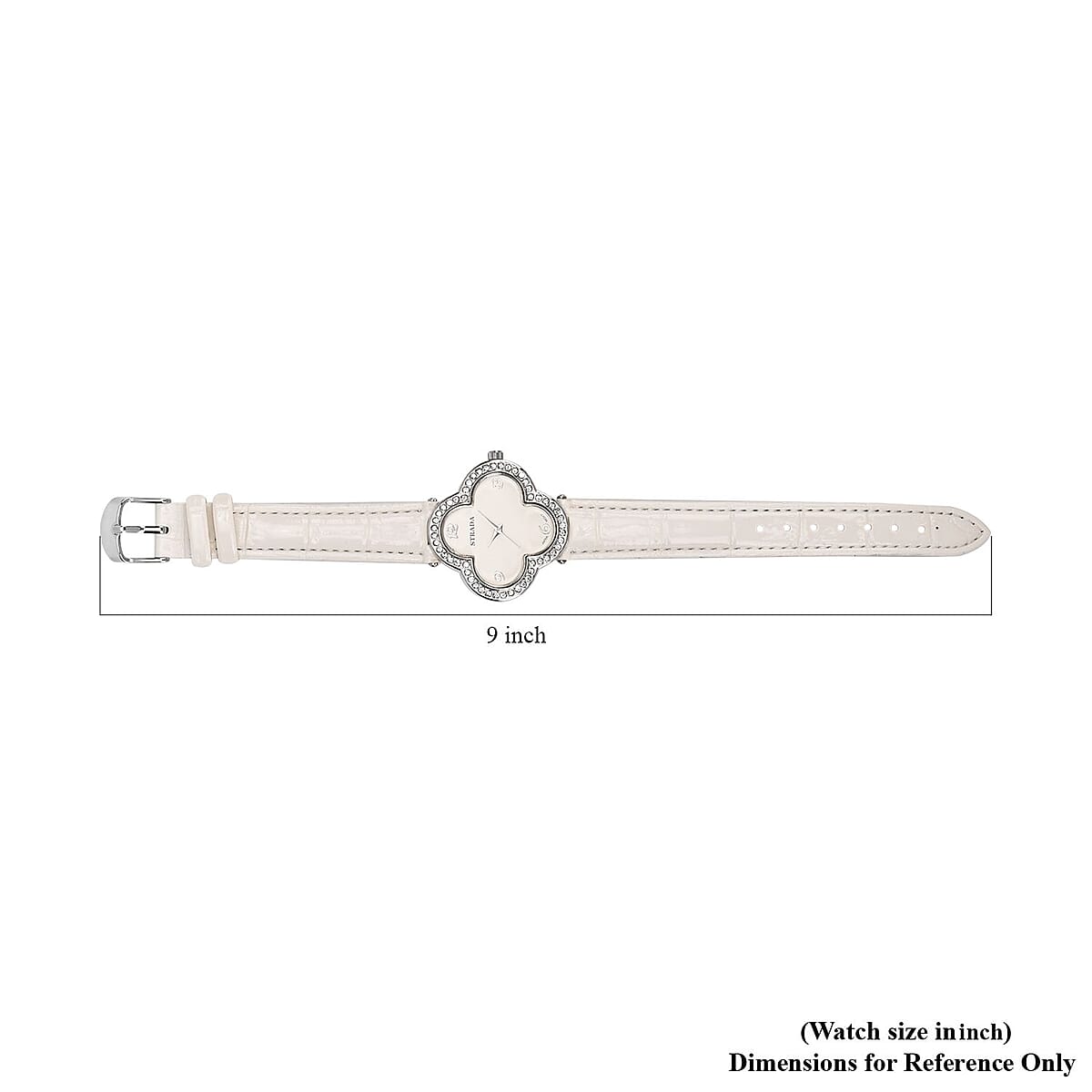 Strada Austrian Crystal Japanese Movement Four Clover Leaf Pattern Watch in Silvertone with White Faux Leather Strap (36.57mm) (6.5-8.5 Inches) image number 7