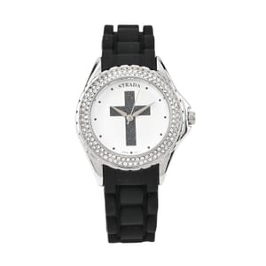 Strada Austrian Crystal Japanese Movement Black Stardust Cross Watch with Black Silicone Strap