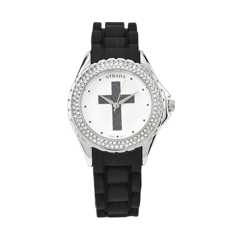 Strada Austrian Crystal Japanese Movement Black Stardust Cross Watch with Black Silicone Strap