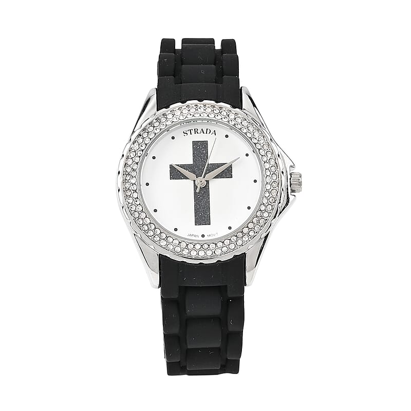 Strada Austrian Crystal Japanese Movement Black Stardust Cross Watch with Black Silicone Strap