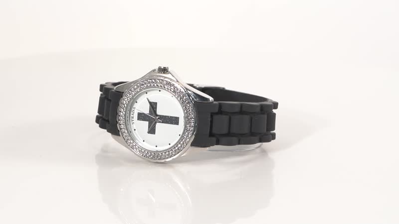 Strada Austrian Crystal Japanese Movement Black Stardust Cross Watch with Black Silicone Strap