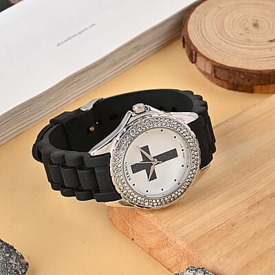 Strada Austrian Crystal Japanese Movement Black Stardust Cross Watch with Black Silicone Strap