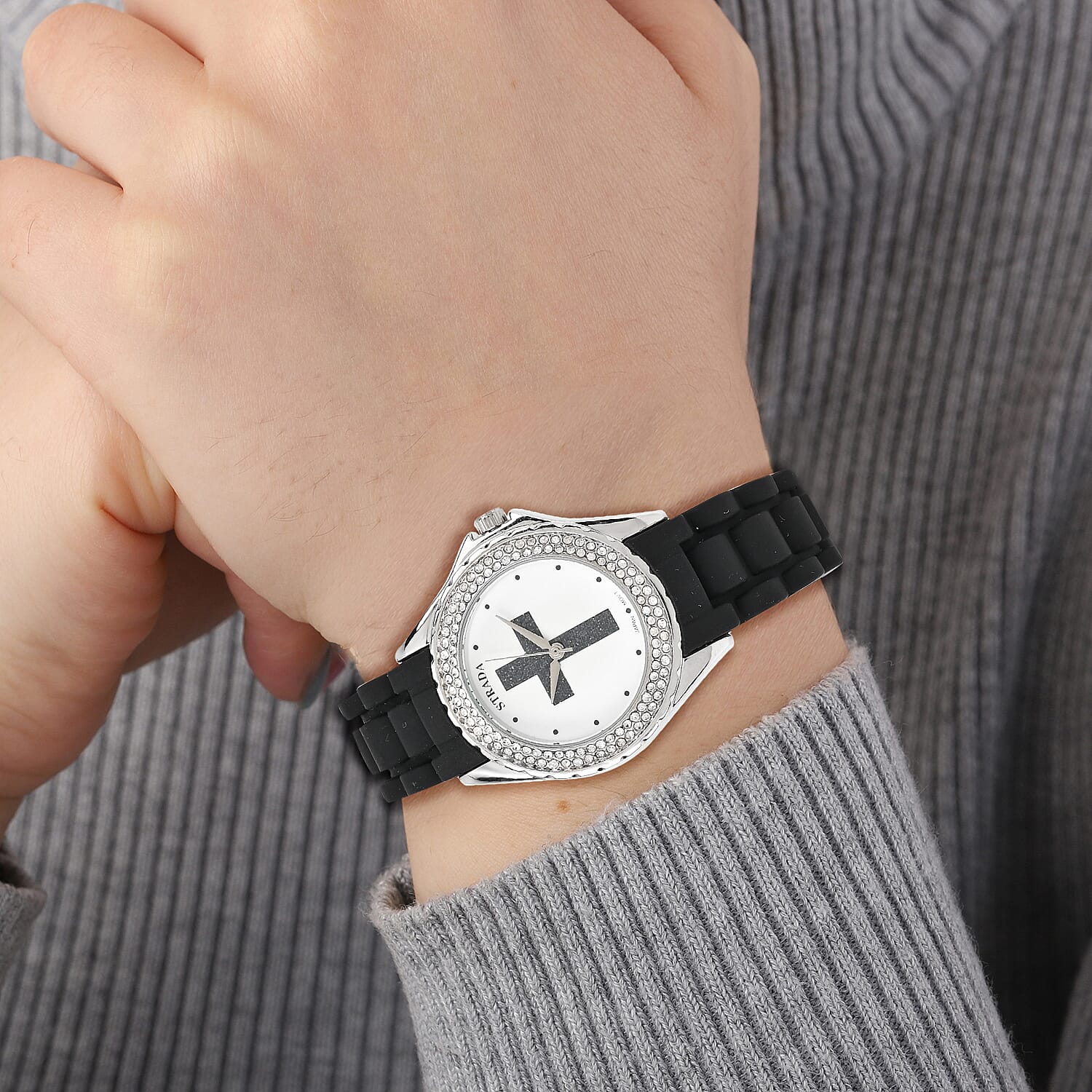 Strada Austrian Crystal Japanese Movement Black Stardust Cross Watch with Black Silicone Strap