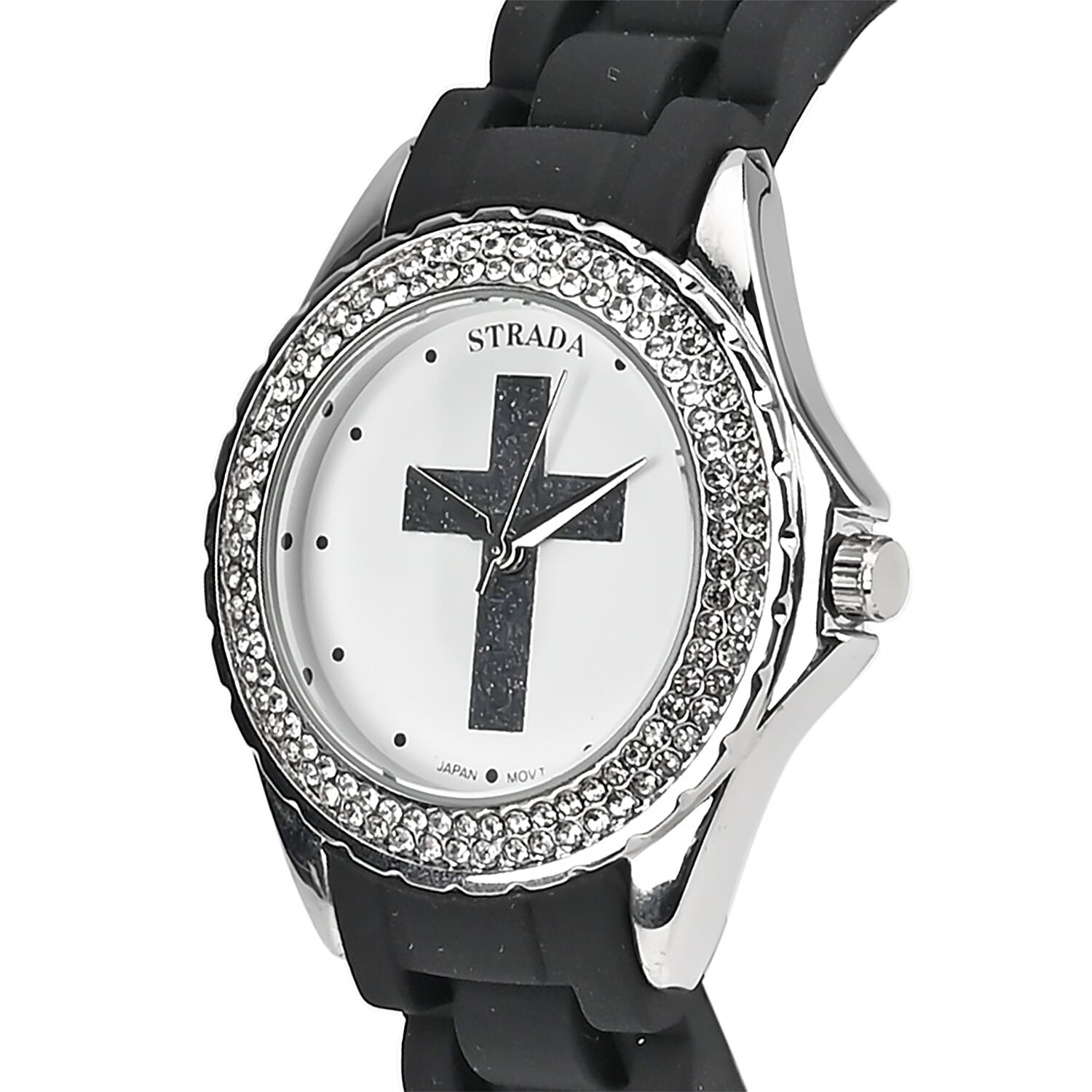 Strada Austrian Crystal Japanese Movement Black Stardust Cross Watch with Black Silicone Strap