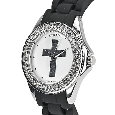 Strada Austrian Crystal Japanese Movement Black Stardust Cross Watch with Black Silicone Strap