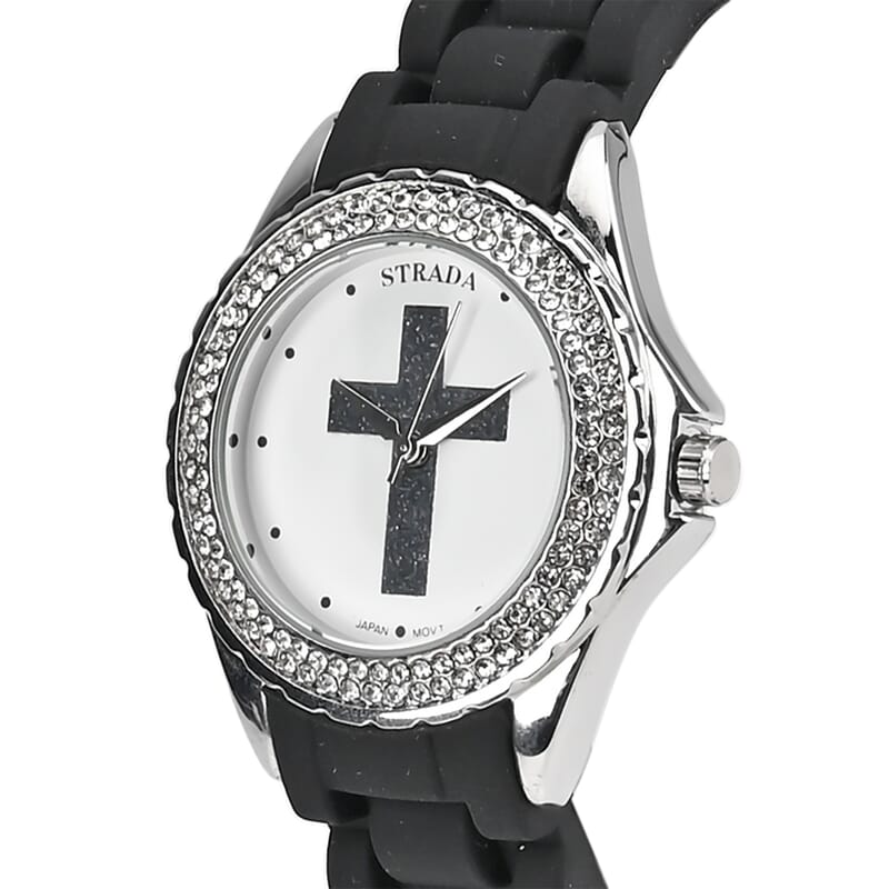 Strada Austrian Crystal Japanese Movement Black Stardust Cross Watch with Black Silicone Strap