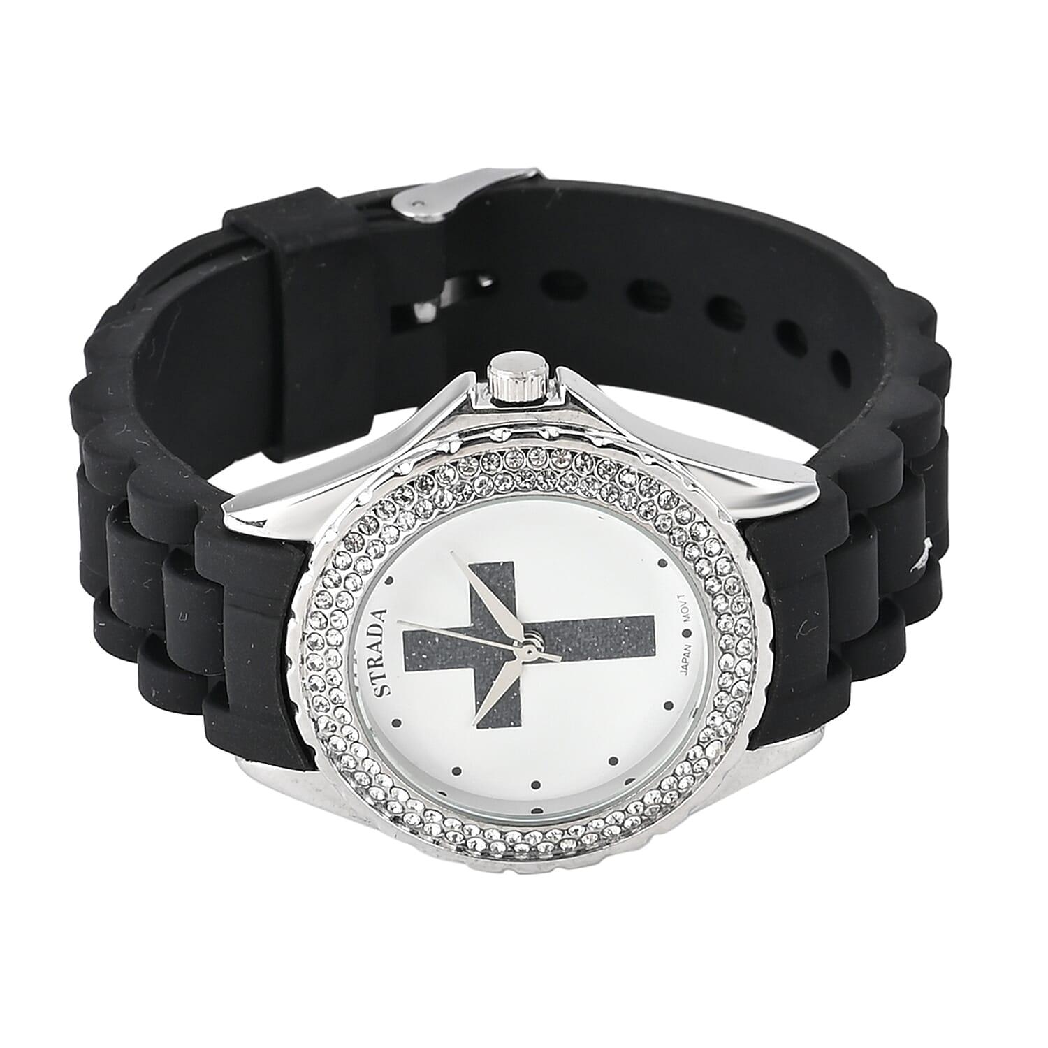 Strada Austrian Crystal Japanese Movement Black Stardust Cross Watch with Black Silicone Strap