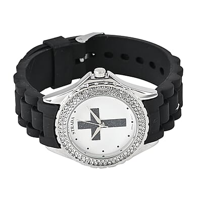 Strada Austrian Crystal Japanese Movement Black Stardust Cross Watch with Black Silicone Strap