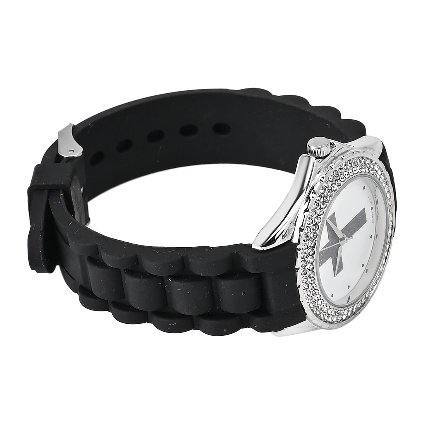 Strada Austrian Crystal Japanese Movement Black Stardust Cross Watch with Black Silicone Strap