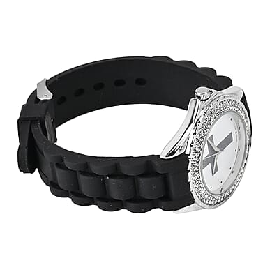 Strada Austrian Crystal Japanese Movement Black Stardust Cross Watch with Black Silicone Strap