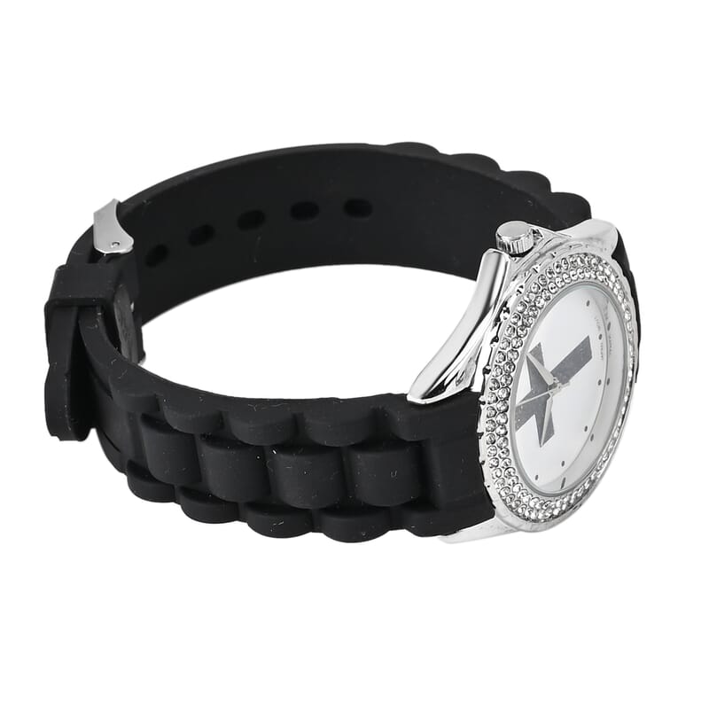 Strada Austrian Crystal Japanese Movement Black Stardust Cross Watch with Black Silicone Strap