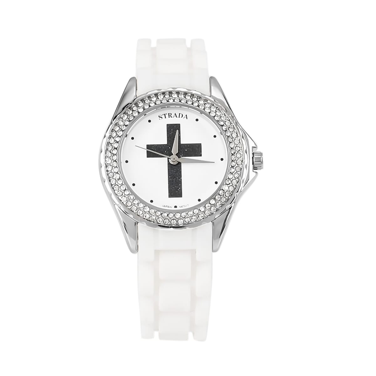 Strada Austrian Crystal Japanese Movement Black Stardust Cross Watch with White Silicone Strap image number 0