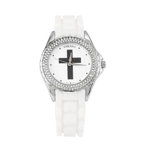 Strada Austrian Crystal Japanese Movement Black Stardust Cross Watch with White Silicone Strap