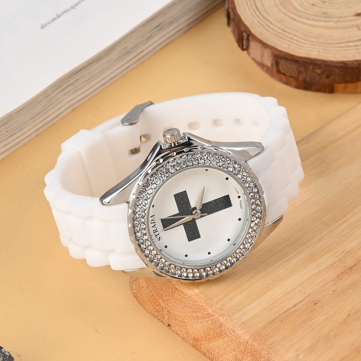 Strada Austrian Crystal Japanese Movement Black Stardust Cross Watch with White Silicone Strap image number 1