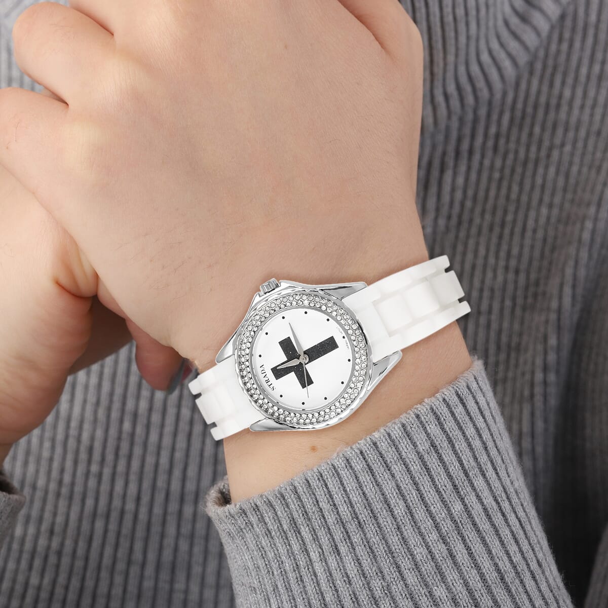 Strada Austrian Crystal Japanese Movement Black Stardust Cross Watch with White Silicone Strap image number 2