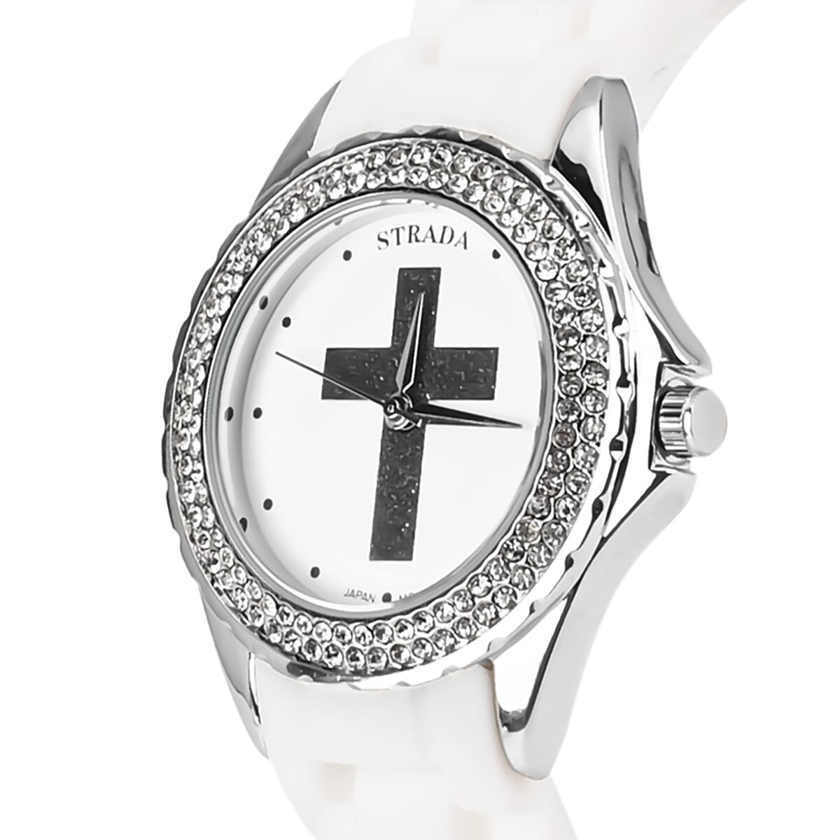 Strada Austrian Crystal Japanese Movement Black Stardust Cross Watch with White Silicone Strap image number 3