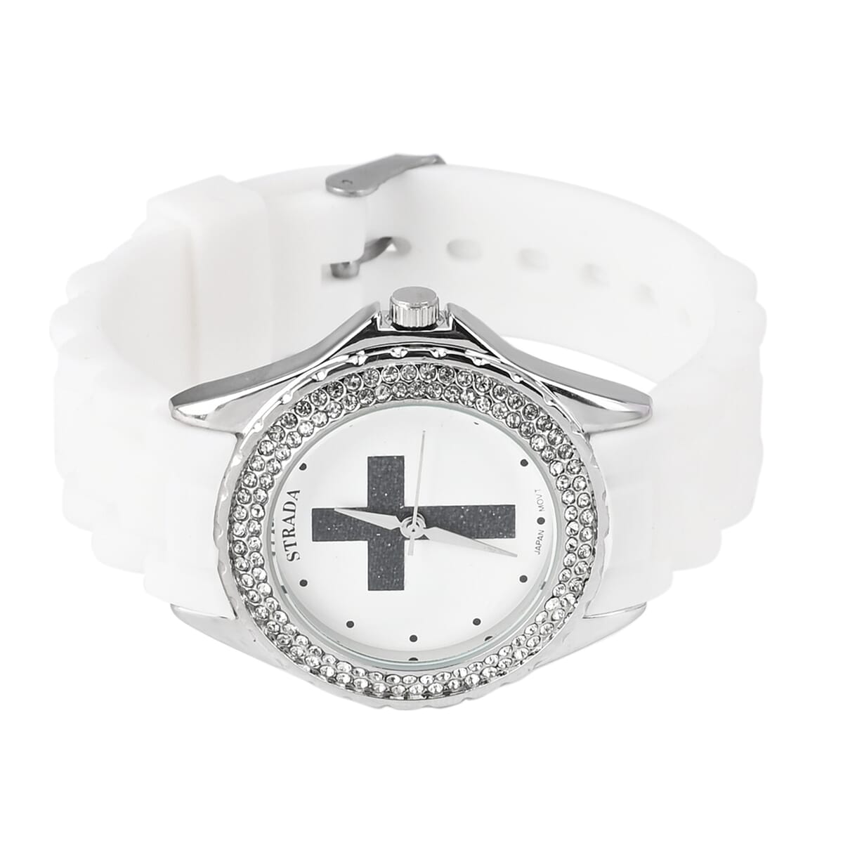 Strada Austrian Crystal Japanese Movement Black Stardust Cross Watch with White Silicone Strap image number 4