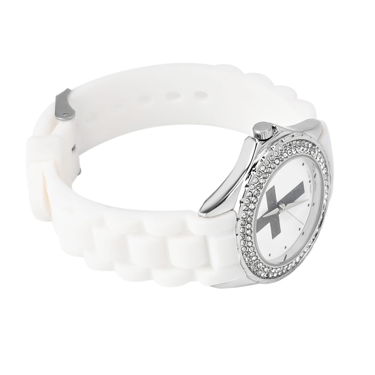 Strada Austrian Crystal Japanese Movement Black Stardust Cross Watch with White Silicone Strap image number 5