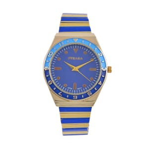 Strada Japanese Movement Dark Blue and Yellow Enameled Stretch Bracelet Watch with Stainless Steel Strap
