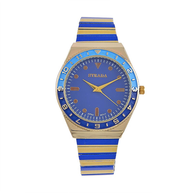 Strada Japanese Movement Dark Blue and Yellow Enameled Stretch Bracelet Watch with Stainless Steel Strap