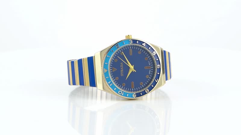 Strada Japanese Movement Dark Blue and Yellow Enameled Stretch Bracelet Watch with Stainless Steel Strap (38.1mm)