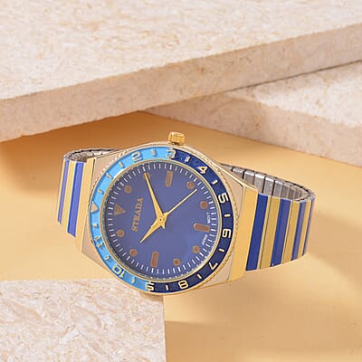 Strada Japanese Movement Dark Blue and Yellow Enameled Stretch Bracelet Watch with Stainless Steel Strap