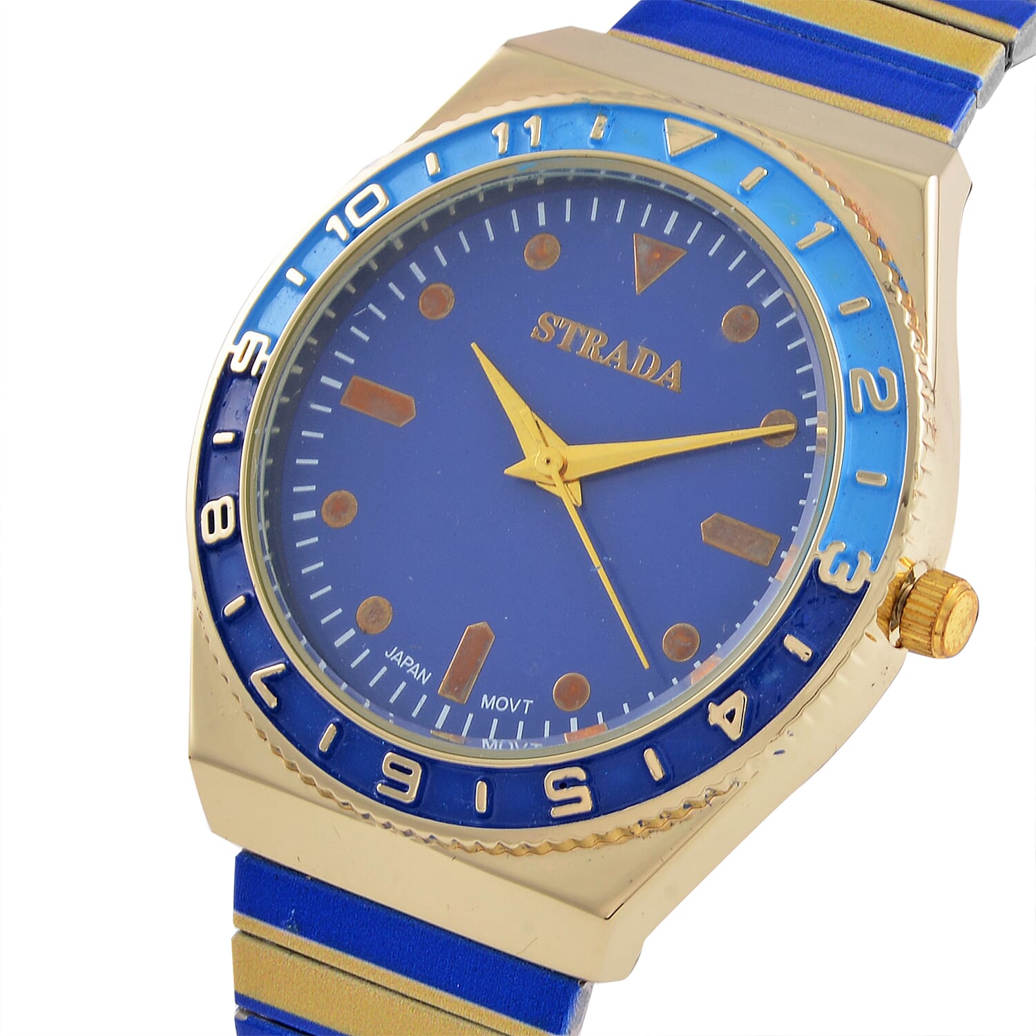 Strada Japanese Movement Dark Blue and Yellow Enameled Stretch Bracelet Watch with Stainless Steel Strap