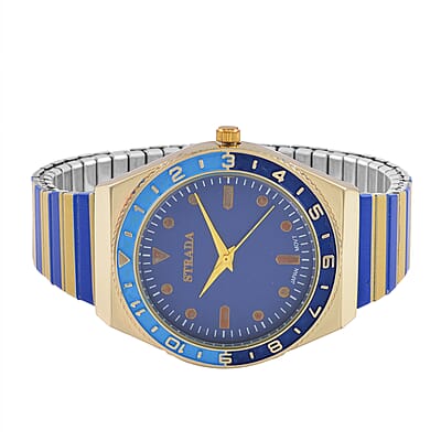 Strada Japanese Movement Dark Blue and Yellow Enameled Stretch Bracelet Watch with Stainless Steel Strap