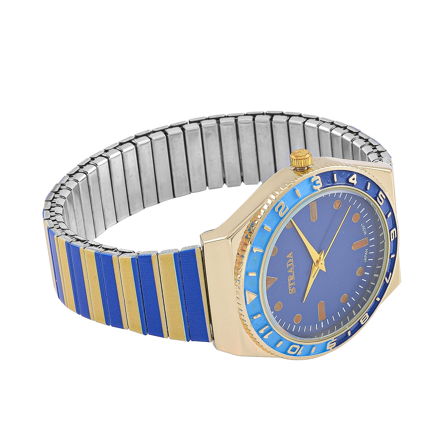 Strada Japanese Movement Dark Blue and Yellow Enameled Stretch Bracelet Watch with Stainless Steel Strap