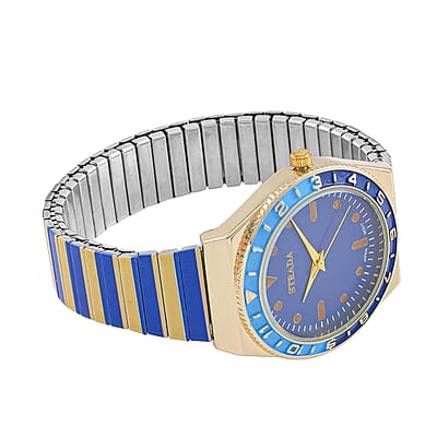 Strada Japanese Movement Dark Blue and Yellow Enameled Stretch Bracelet Watch with Stainless Steel Strap