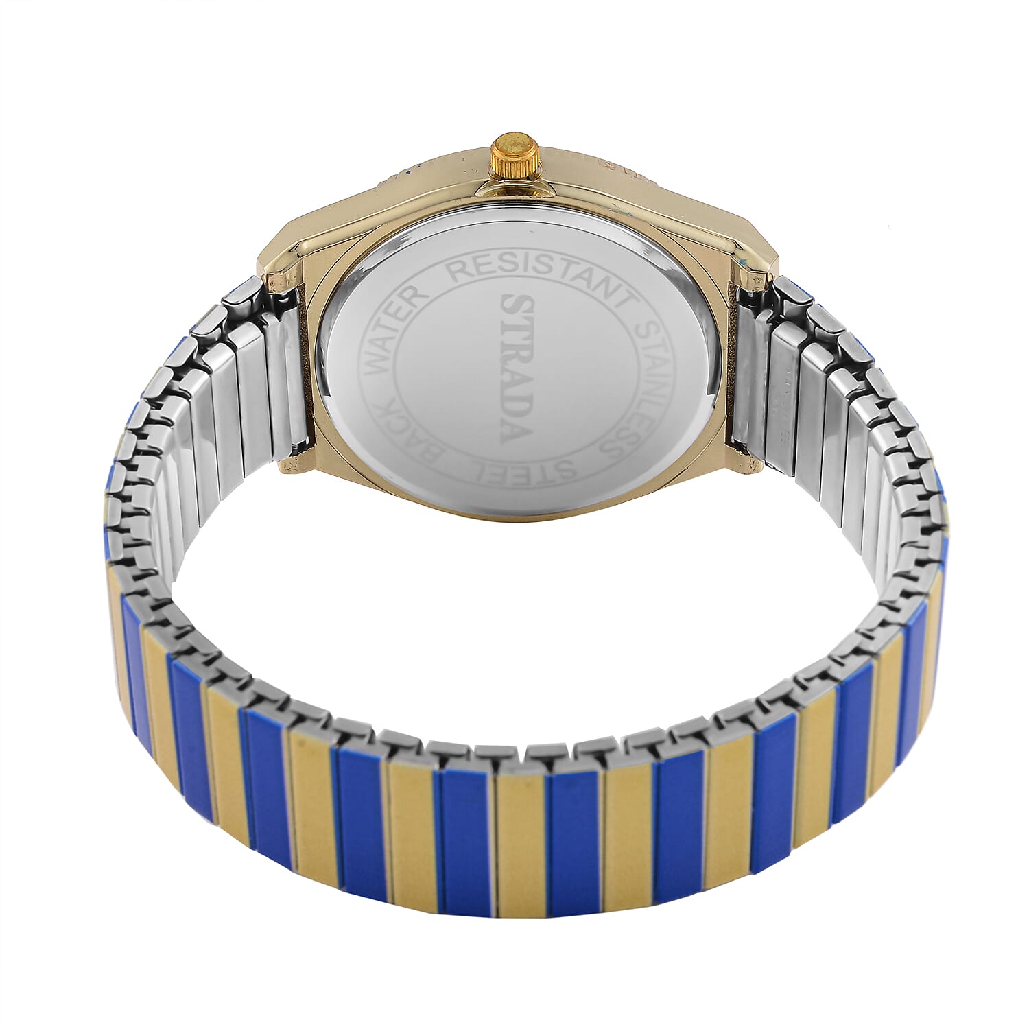 Strada Japanese Movement Dark Blue and Yellow Enameled Stretch Bracelet Watch with Stainless Steel Strap