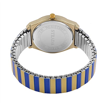 Strada Japanese Movement Dark Blue and Yellow Enameled Stretch Bracelet Watch with Stainless Steel Strap