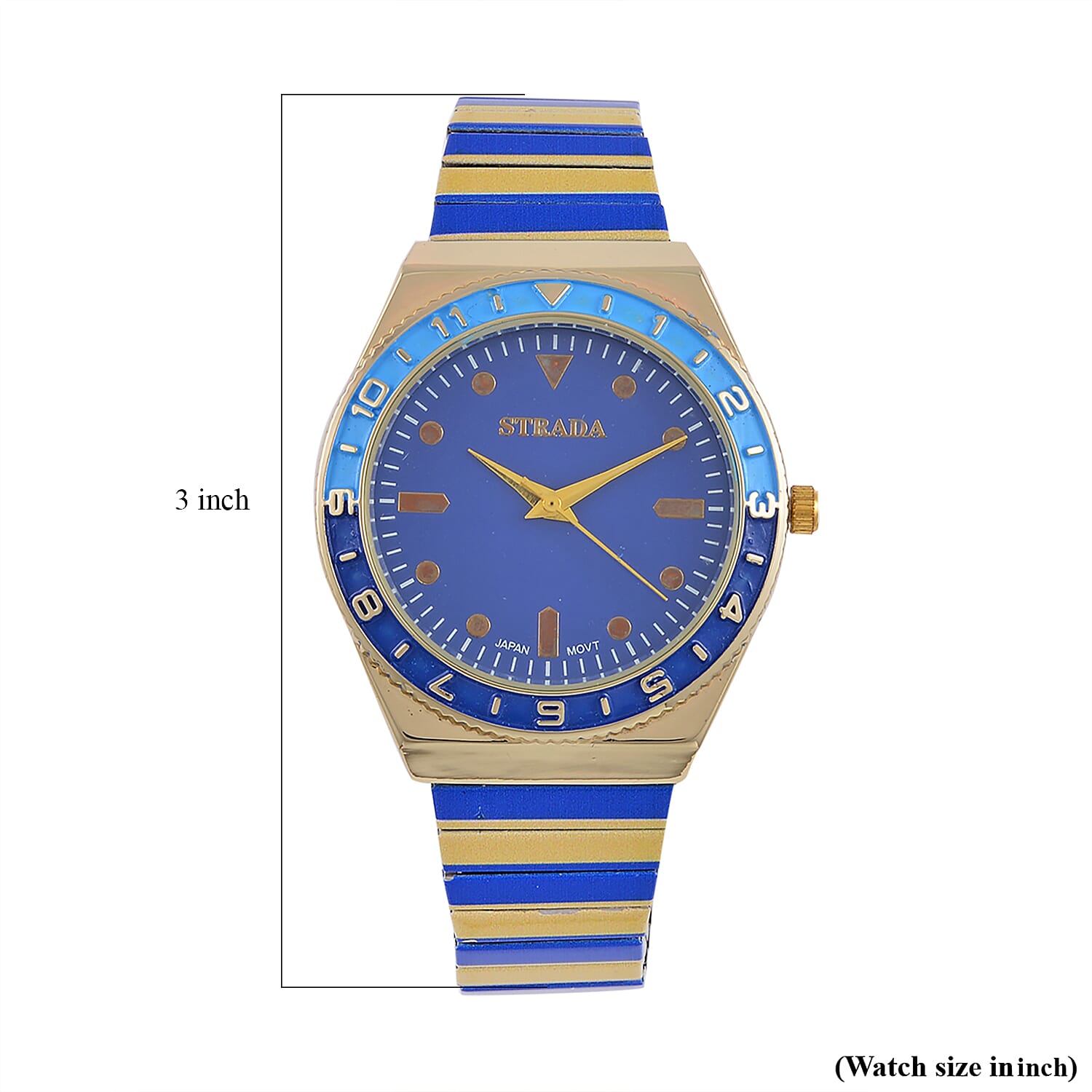 Strada Japanese Movement Dark Blue and Yellow Enameled Stretch Bracelet Watch with Stainless Steel Strap