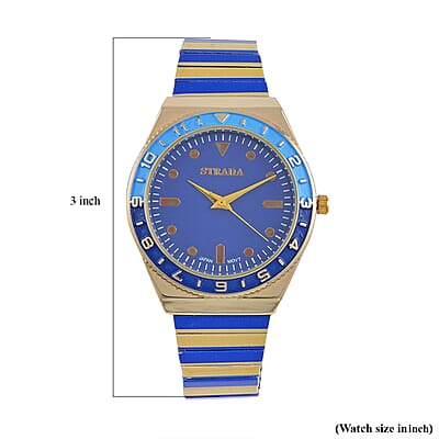 Strada Japanese Movement Dark Blue and Yellow Enameled Stretch Bracelet Watch with Stainless Steel Strap