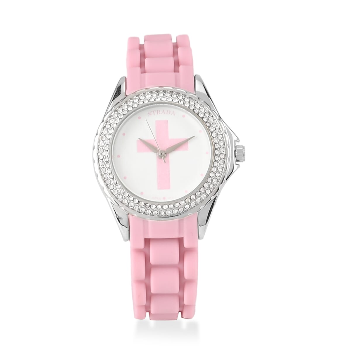Strada Austrian Crystal Japanese Movement Pink Stardust Cross Watch with Pink Silicone Strap image number 0