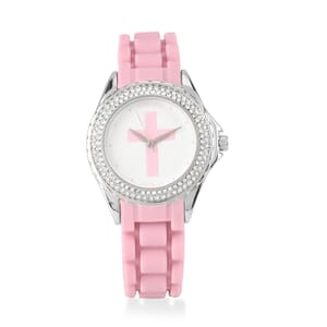 Strada Austrian Crystal Japanese Movement Pink Stardust Cross Watch with Pink Silicone Strap