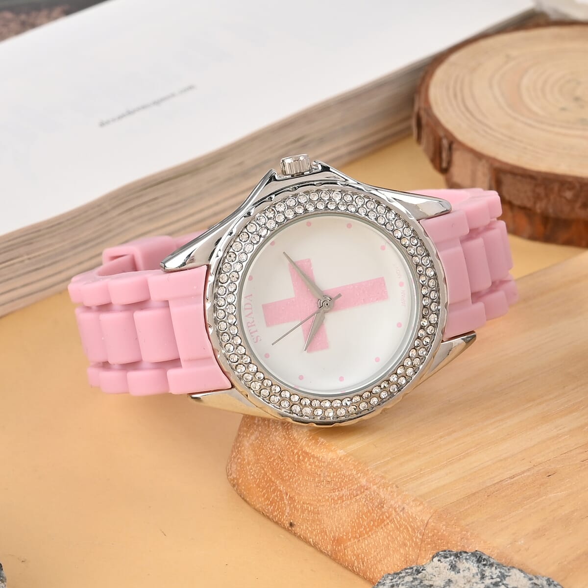 Strada Austrian Crystal Japanese Movement Pink Stardust Cross Watch with Pink Silicone Strap image number 1