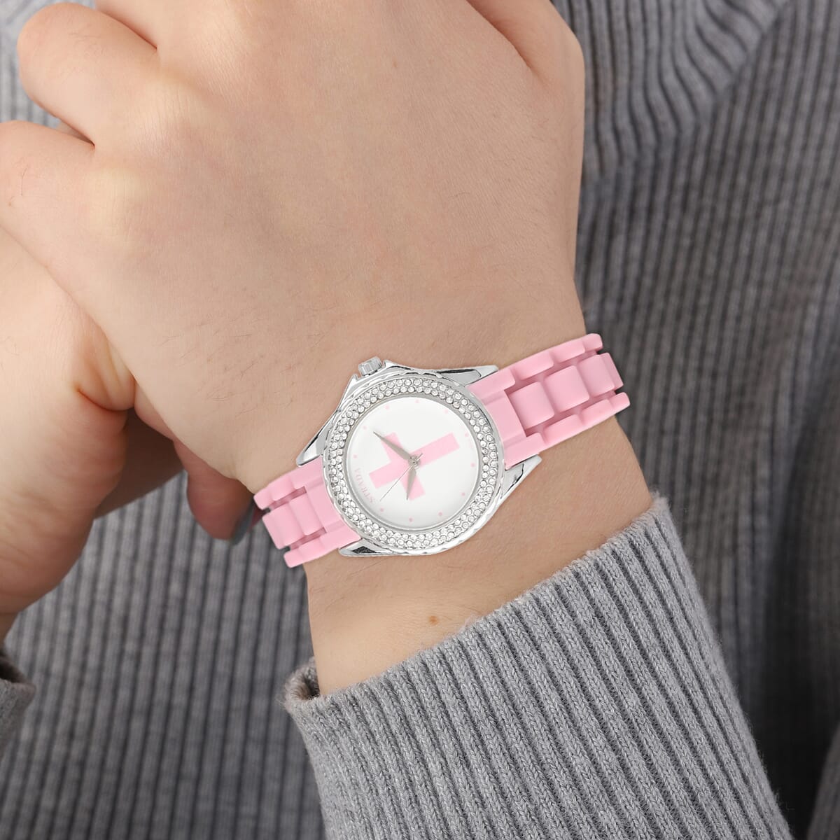 Strada Austrian Crystal Japanese Movement Pink Stardust Cross Watch with Pink Silicone Strap image number 2