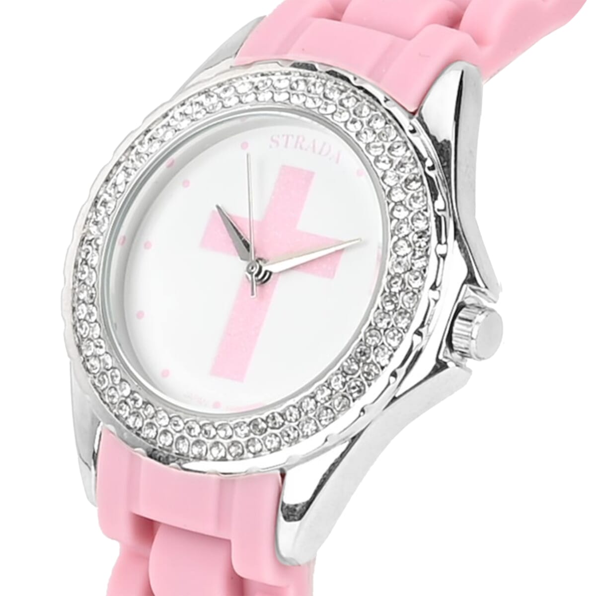 Strada Austrian Crystal Japanese Movement Pink Stardust Cross Watch with Pink Silicone Strap image number 3