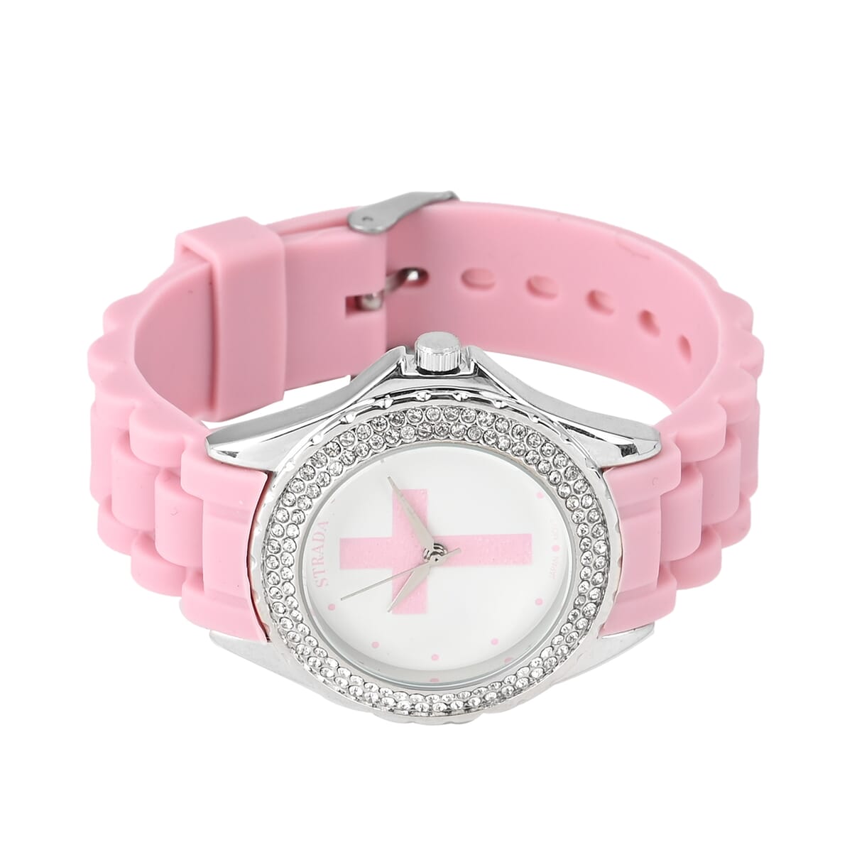 Strada Austrian Crystal Japanese Movement Pink Stardust Cross Watch with Pink Silicone Strap image number 4