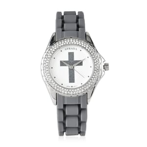 Strada Austrian Crystal Japanese Movement Gray Black Stardust Cross Watch with Gray Silicone Strap