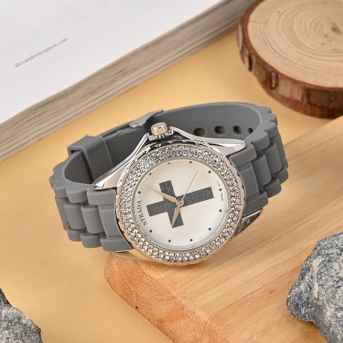 Strada Austrian Crystal Japanese Movement Gray Black Stardust Cross Watch with Gray Silicone Strap image number 1
