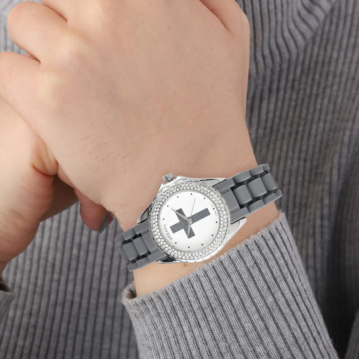 Strada Austrian Crystal Japanese Movement Gray Black Stardust Cross Watch with Gray Silicone Strap image number 2