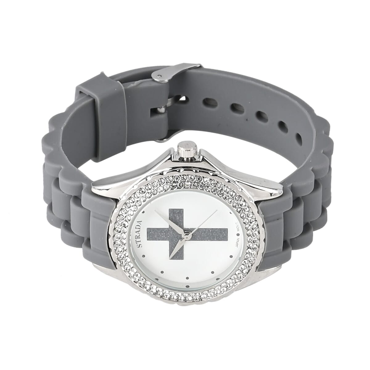 Strada Austrian Crystal Japanese Movement Gray Black Stardust Cross Watch with Gray Silicone Strap image number 4