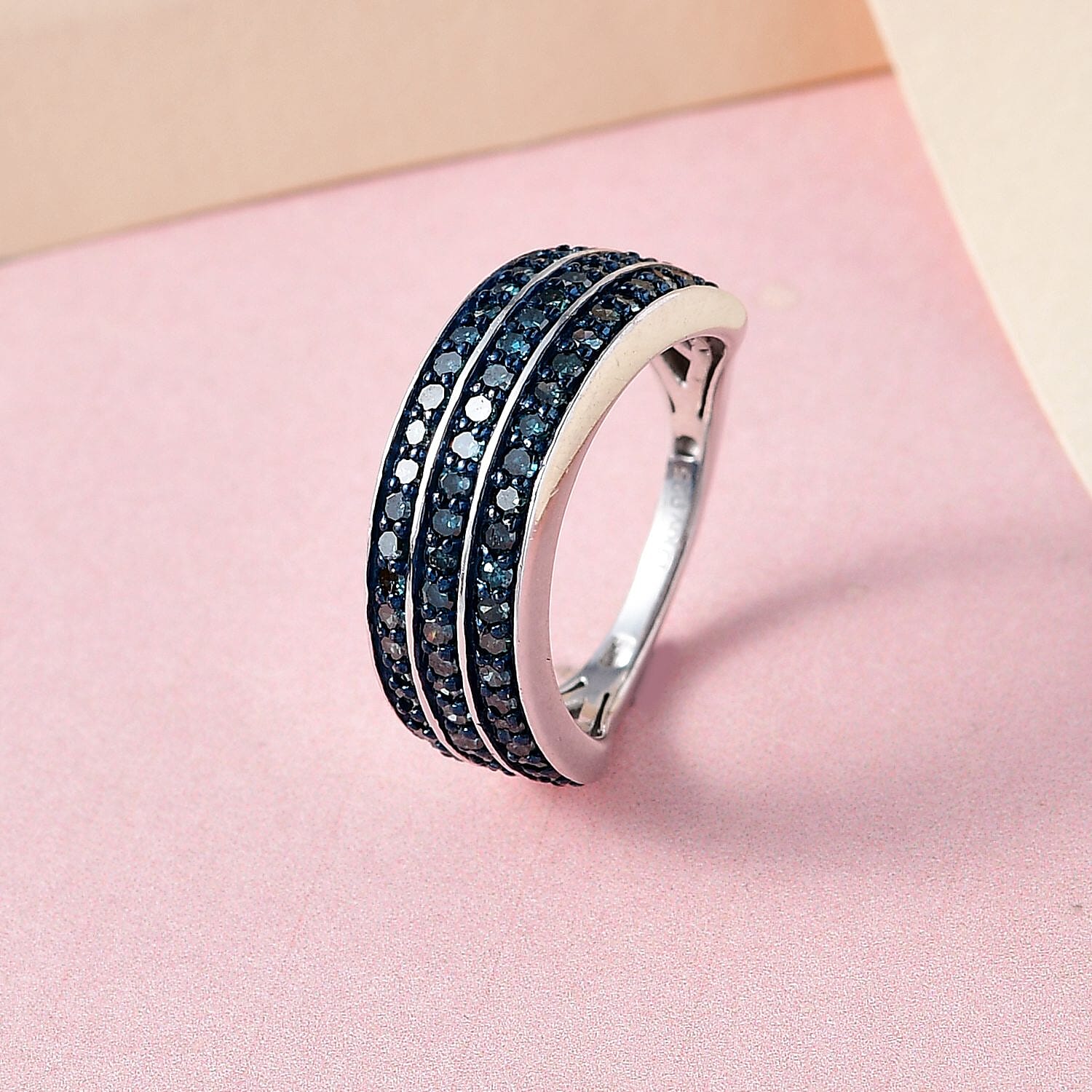 Blue Diamond 3 Row Band Ring in Platinum Over Sterling Silver (Size 10.0) 1.00 ctw